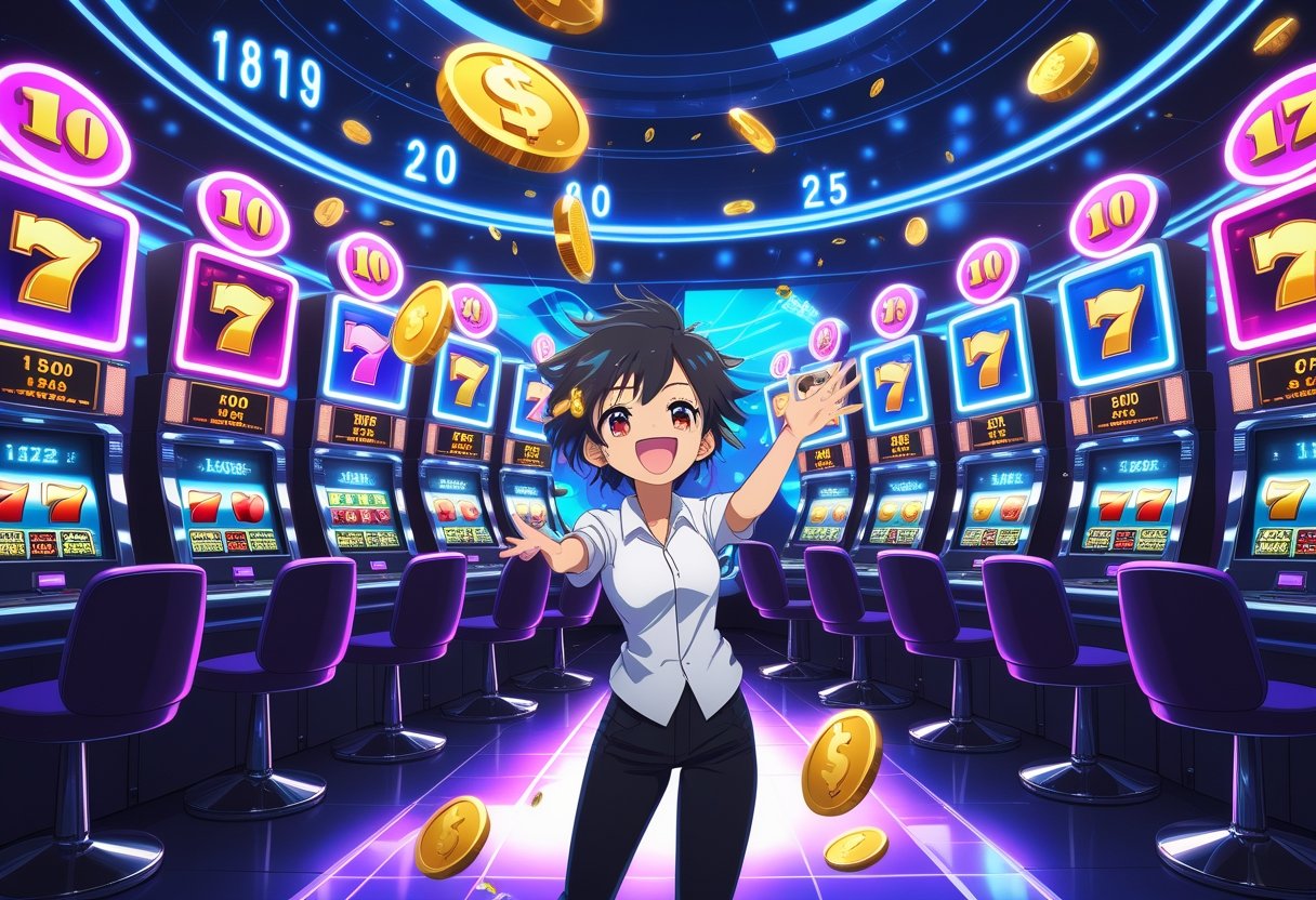 Seorang karakter anime merayakan kemenangan besar di depan sepuluh mesin slot yang menyala dengan lampu neon di sebuah kasino futuristik.