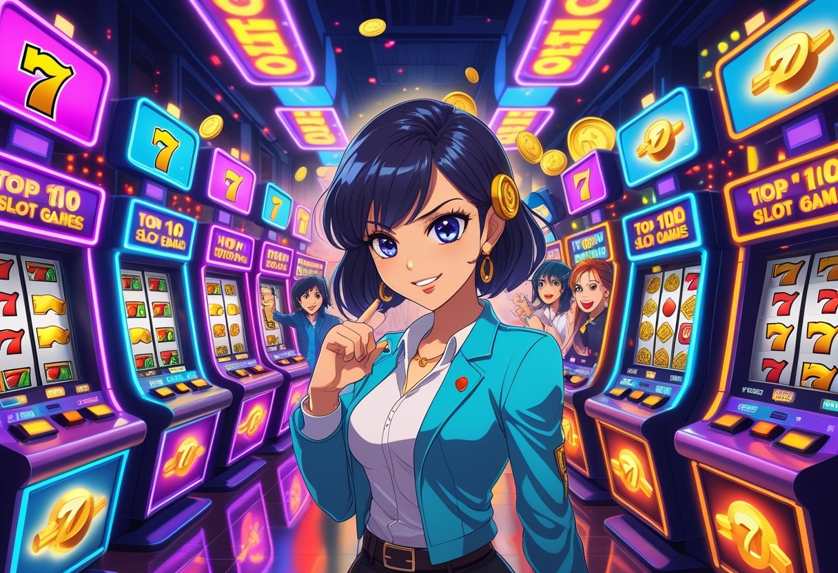 Seorang karakter wanita berdiri di depan deretan mesin slot yang berwarna-warni di dalam kasino yang ramai dan penuh lampu neon, dengan orang-orang lain yang terlihat senang bermain dan merayakan kemenangan.